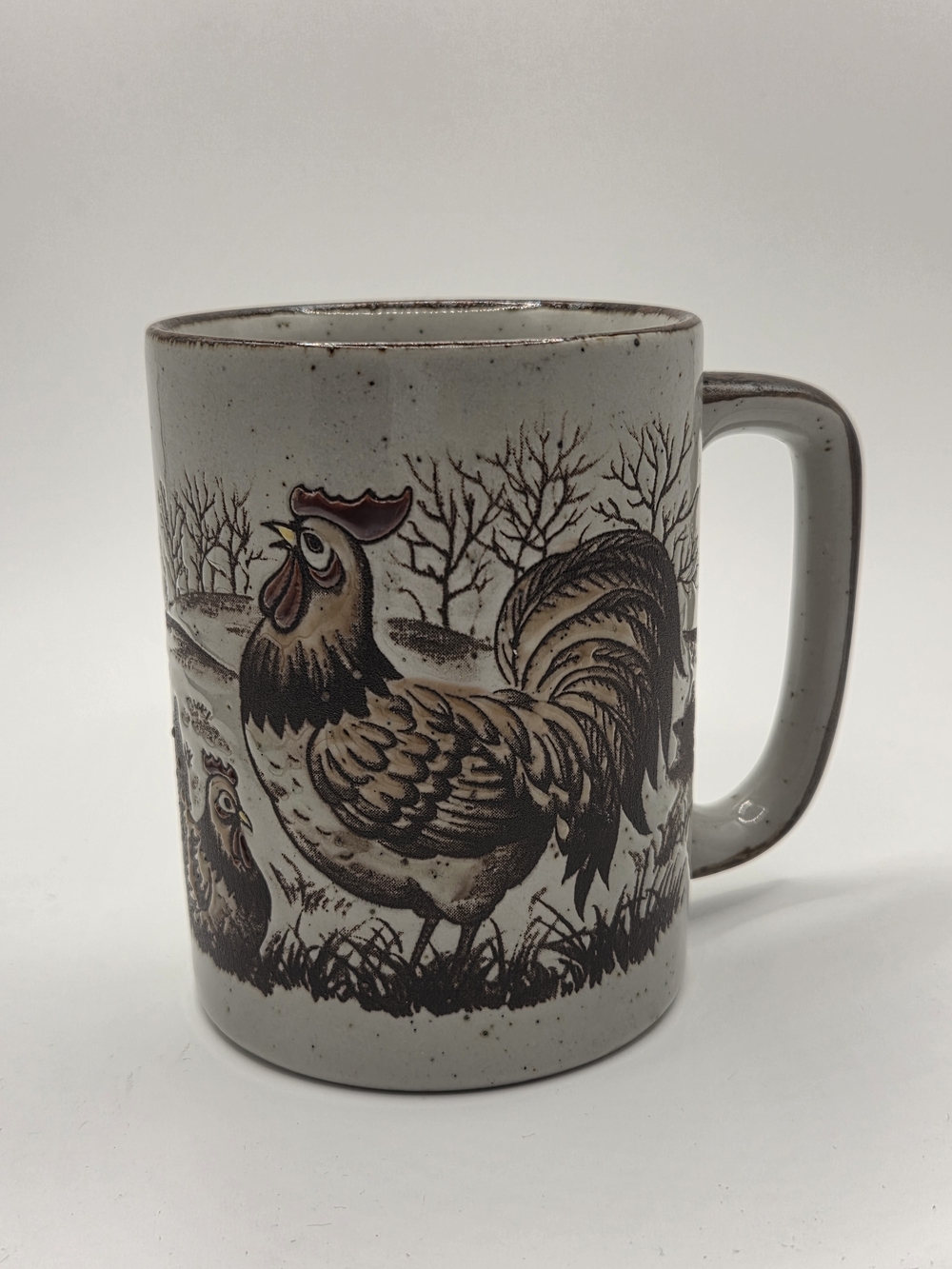 Vintage Otagiri Japan Rooster & Hen Stoneware Mug Speckled Brown Farmhouse Decor - Picture 1 of 7